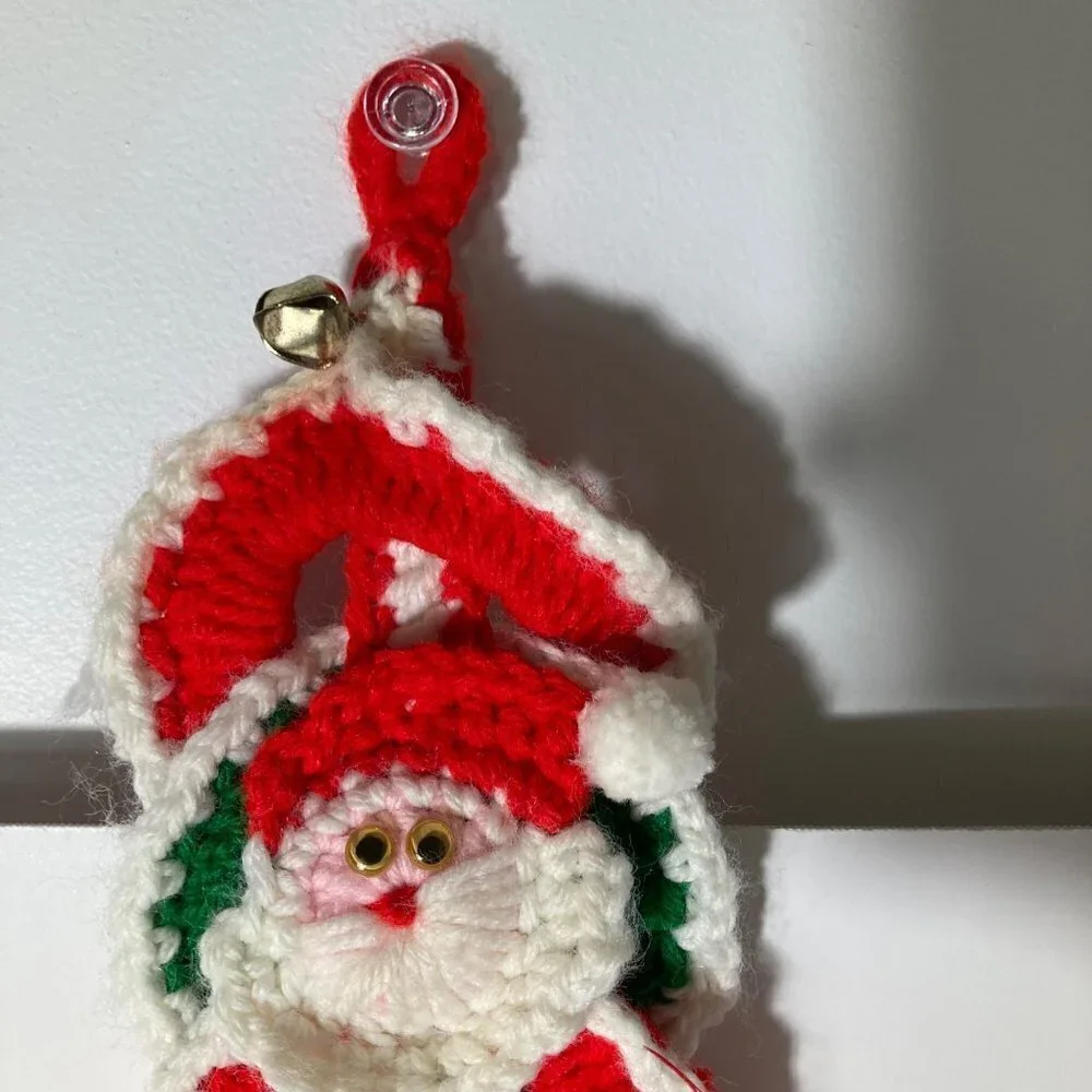 Vintage 60s Handmade Crocheted Santa Bell Wall Hanger Red‎ Green Tassle 4 x 31